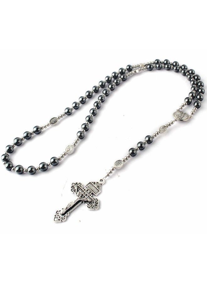 HanlinCC Hematite Rosary Necklace for Men and Women, Black Stone and Stainless Steel Beads, 48cm Length, 8mm (Hematite), 4mm (Stainless Steel), Hematite, cross - Image 3