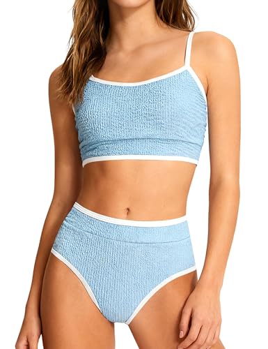 ZAANTI Swimsuits for Teen Girls Crew Neck Solid Color Contrast Trim Teen Bathing Suits for Girls 12-14 Adjustable Shoulder Strap Two Piece Bikini Sets with Chest Pad Light Blue+White - Image 1