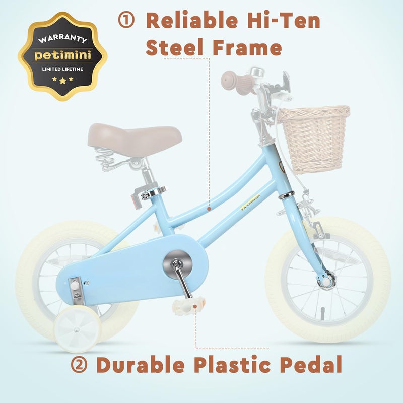 Petimini 12 Inch Kids Bike for Age 2 3 4 Years Old Little Girls Toddlers Retro Vintage Style Bicycles with Basket Training Wheels and Bell, Blue - Image 5