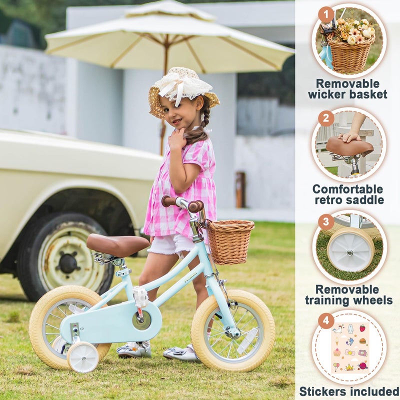 Petimini 12 Inch Kids Bike for Age 2 3 4 Years Old Little Girls Toddlers Retro Vintage Style Bicycles with Basket Training Wheels and Bell, Blue - Image 3