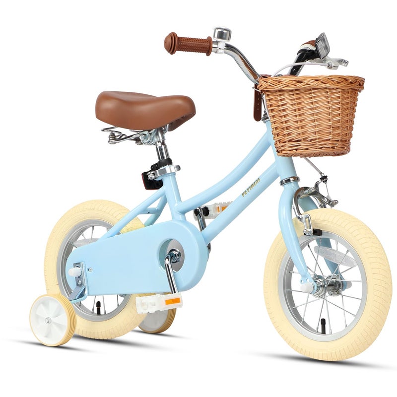 Petimini 12 Inch Kids Bike for Age 2 3 4 Years Old Little Girls Toddlers Retro Vintage Style Bicycles with Basket Training Wheels and Bell, Blue - Image 1