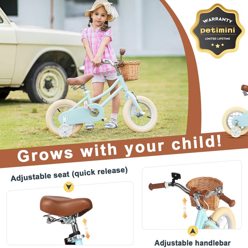 Petimini 12 Inch Kids Bike for Age 2 3 4 Years Old Little Girls Toddlers Retro Vintage Style Bicycles with Basket Training Wheels and Bell, Blue - Image 4