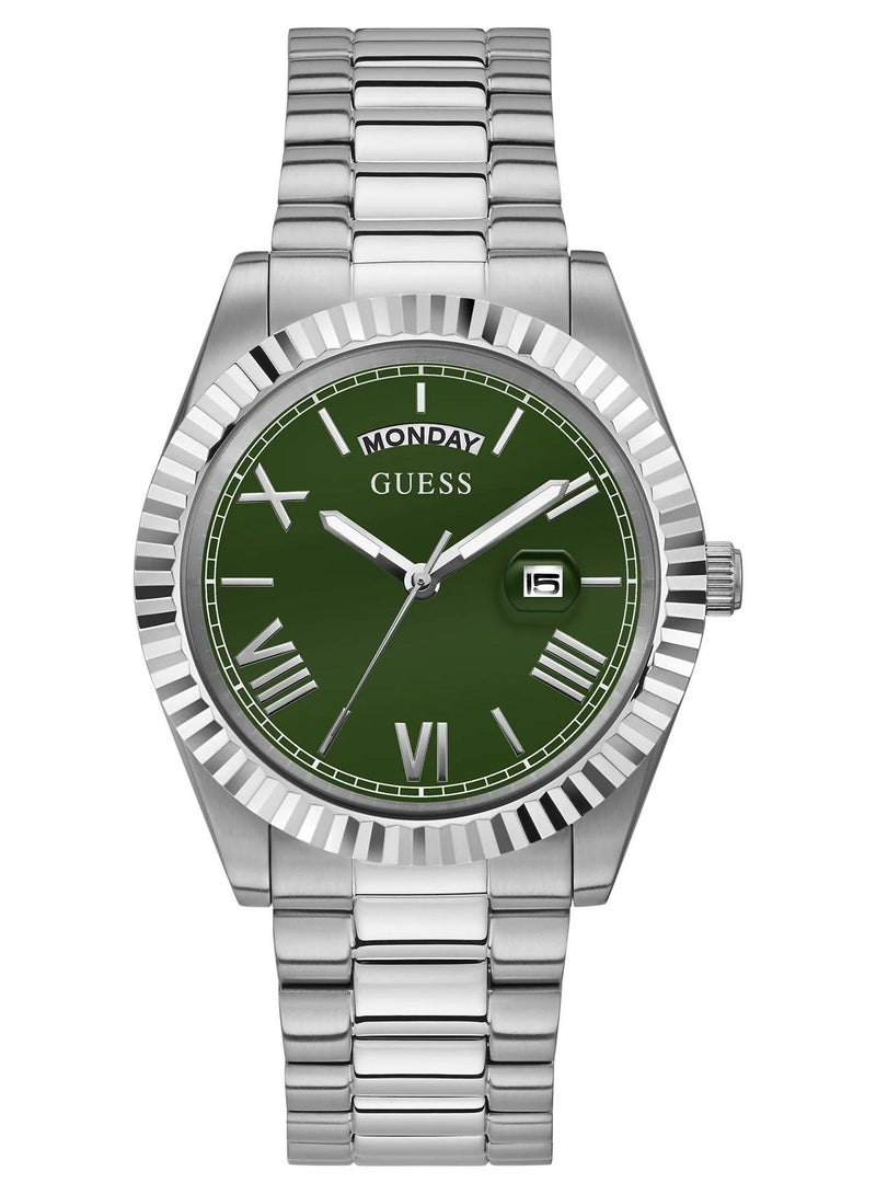 GUESS ساعة رجالية بقرص أخضر هيكل فضي كواتز - GW0265G10 - Image 1