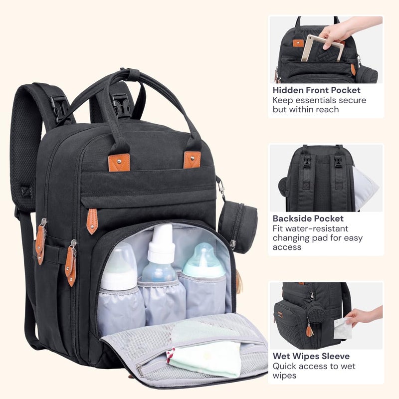 BabbleRoo Diaper Bag Backpack - Baby Essentials Travel Tote - Multi Function Water Resistant Diaper Bag, Travel Essentials Baby Bag with Changing Pad, Stroller Straps & Pacifier Case - Unisex, Black - Image 5