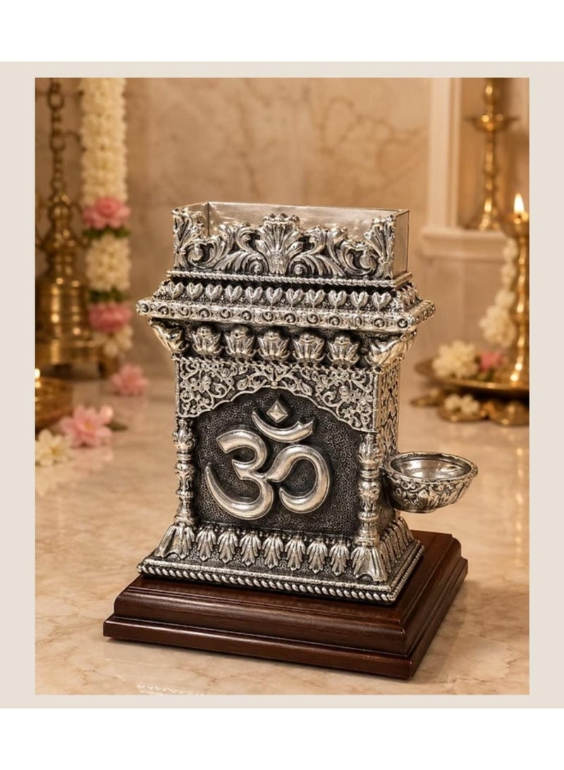 KHUSHBOO JEWELS SILVER 999 ORNATE SILVER PLATED TULSI PLANTER WITH WOODEN BASE (17.5*14*14CM) - Image 1