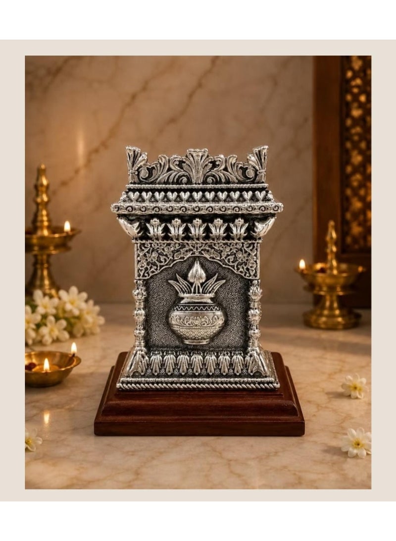 KHUSHBOO JEWELS SILVER 999 ORNATE SILVER PLATED TULSI PLANTER WITH WOODEN BASE (17.5*14*14CM) - Image 3