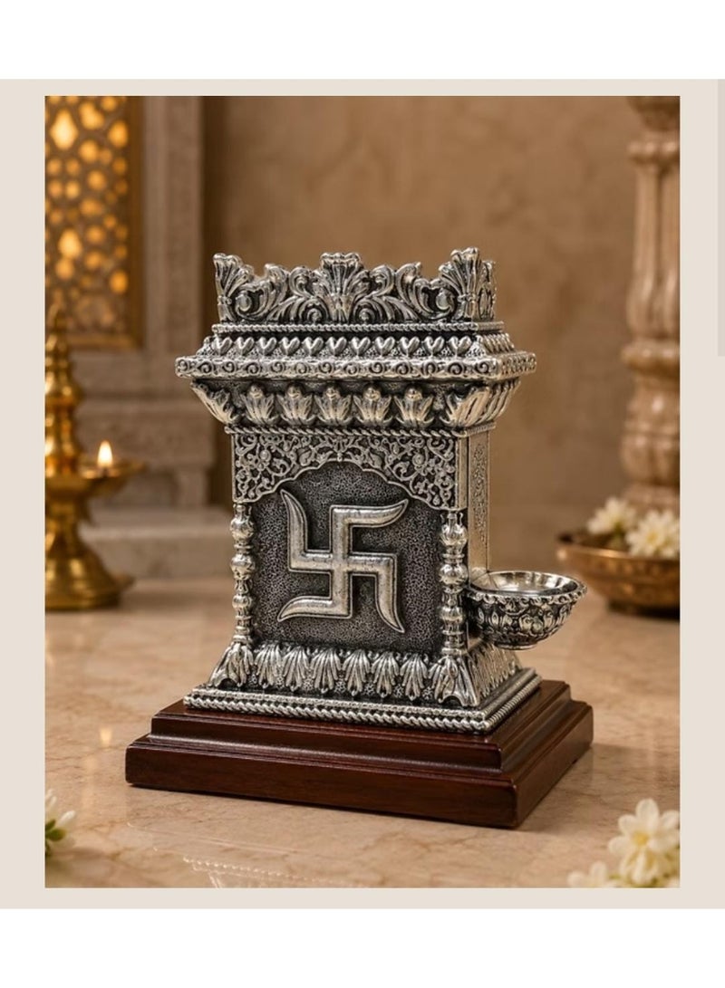 KHUSHBOO JEWELS SILVER 999 ORNATE SILVER PLATED TULSI PLANTER WITH WOODEN BASE (17.5*14*14CM) - Image 4