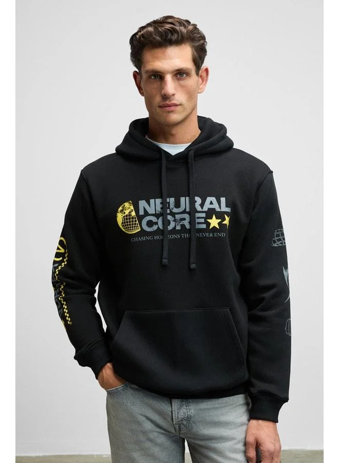 Grimelange CORNELIUS Men's Front and Sleeve Printed Hooded Corduroy Kangaroo Pocket Black Sweatshirt.