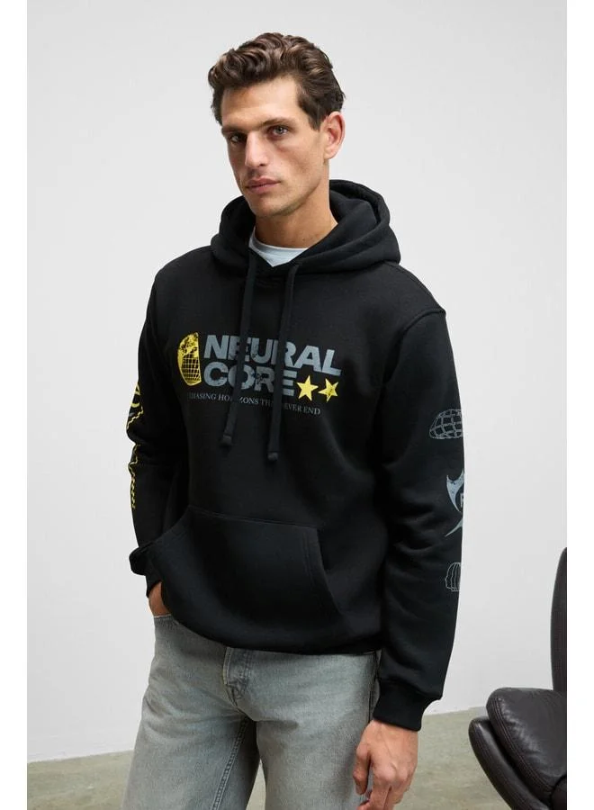 Grimelange CORNELIUS Men's Front and Sleeve Printed Hooded Corduroy Kangaroo Pocket Black Sweatshirt.