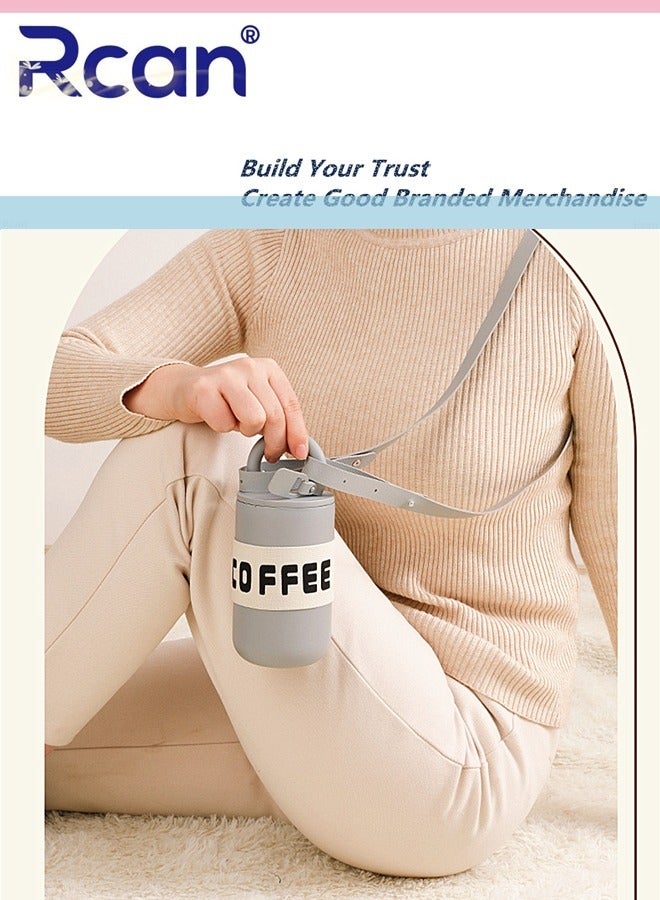 Rcan Stainless Steel Insulated Tumbler, Vacuum Flask with Strap and Handle, Double Wall Travel Coffee Mug, Adult Travel Coffee Cup, Portable Travel Cup 460ML/15oz - Image 2