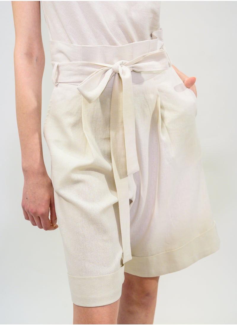 BITOLIA GALLERY Ivory Linen Shorts with Cordon  - Image 5