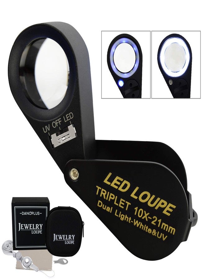 DANOPLUS 10x Magnifier Jewelry Loupe LED UV 21mm Triplet Lens Optical Glass Pocket Gem Magnifying Tool Jeweler, Stamp Philatelist, Coin Numismatic - Image 1