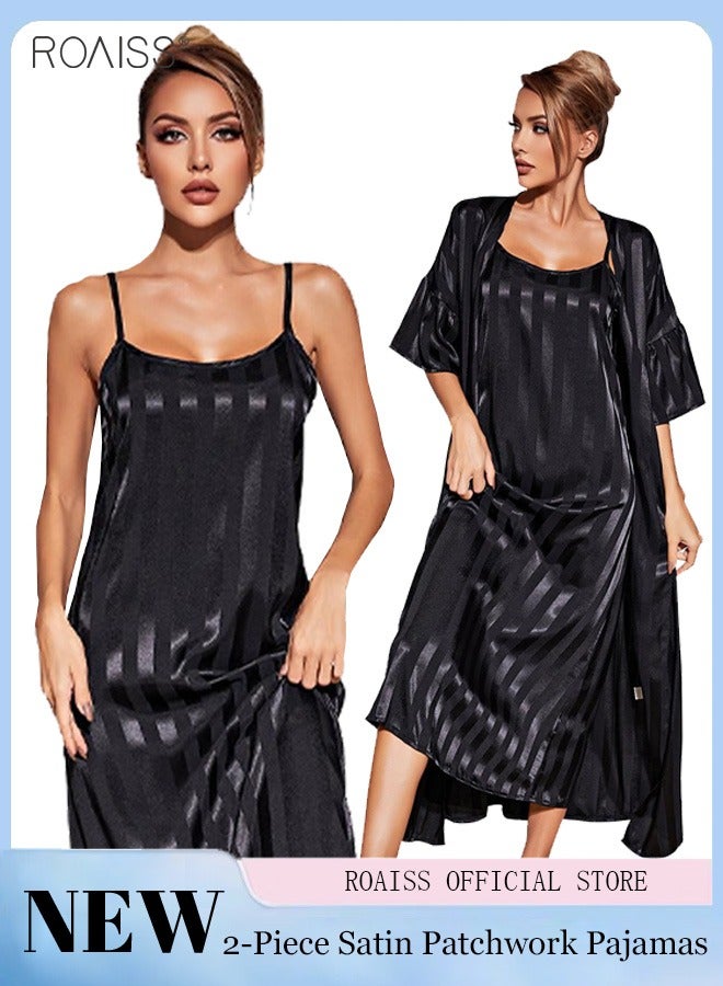 roaiss 2-Piece Women'S Striped Pajamas Classic Round Neck Vertical Stripe And Ankle Length Suspender Nightgown 5 Sleeve Long Cardigan  - Image 1