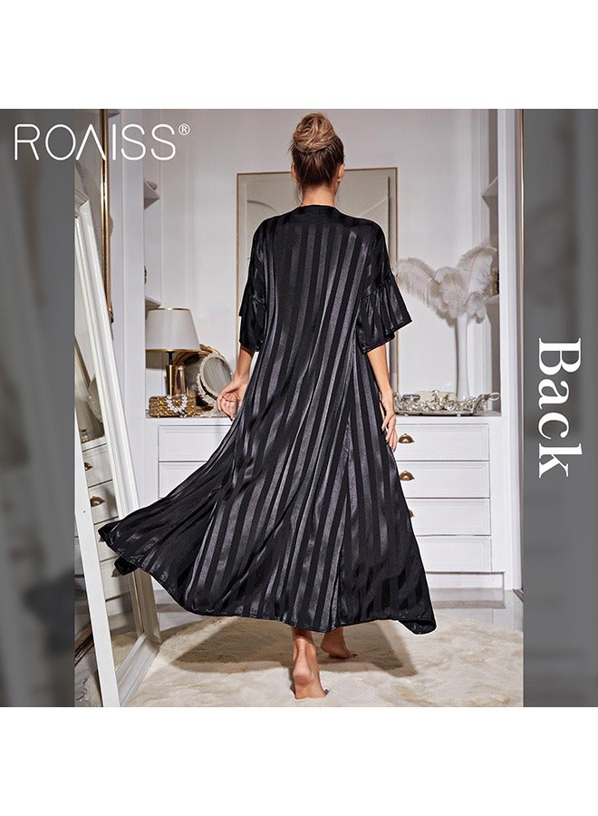 roaiss 2-Piece Women'S Striped Pajamas Classic Round Neck Vertical Stripe And Ankle Length Suspender Nightgown 5 Sleeve Long Cardigan  - Image 5
