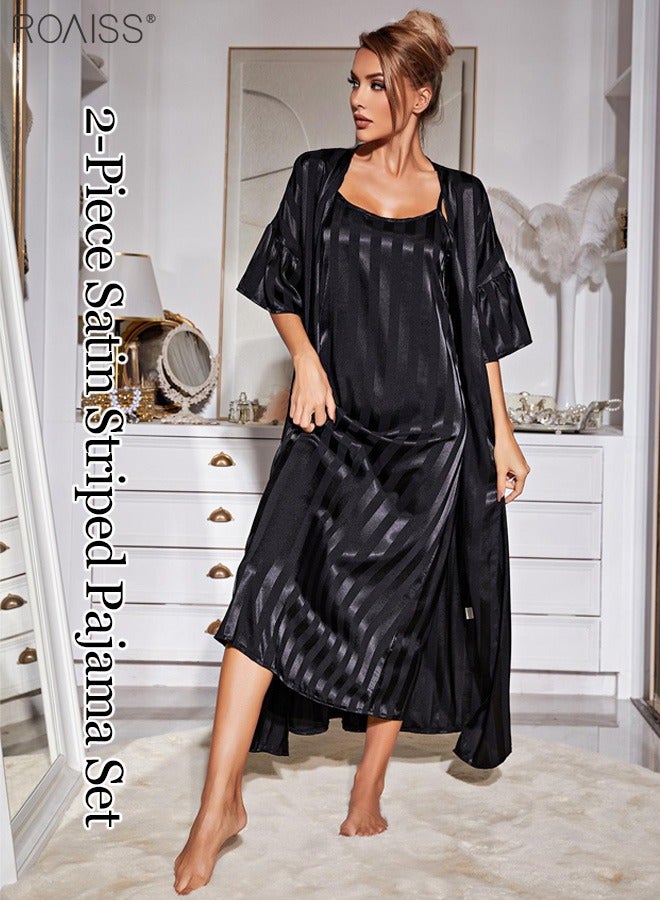 roaiss 2-Piece Women'S Striped Pajamas Classic Round Neck Vertical Stripe And Ankle Length Suspender Nightgown 5 Sleeve Long Cardigan  - Image 2