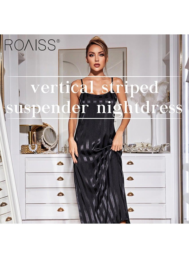 roaiss 2-Piece Women'S Striped Pajamas Classic Round Neck Vertical Stripe And Ankle Length Suspender Nightgown 5 Sleeve Long Cardigan  - Image 4