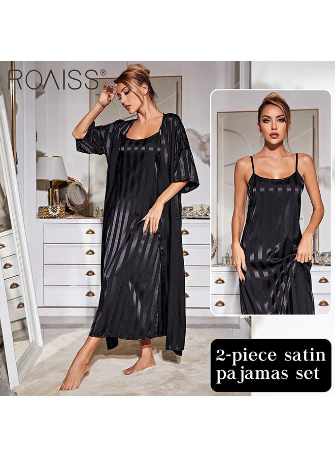 roaiss 2-Piece Women'S Striped Pajamas Classic Round Neck Vertical Stripe And Ankle Length Suspender Nightgown 5 Sleeve Long Cardigan  - Image 3