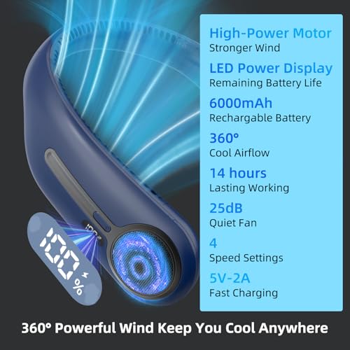 Kinhowly Portable Neck Fan, Personal Wearable Bladeless Fan, 6000mAh USB Rechargeable, 360° Cooling, LED Display, 4-Speeds, Hands Free Fan for Outdoor Indoor, Birthday Gifts for Men Women Dad Mom (Blue) - Image 3