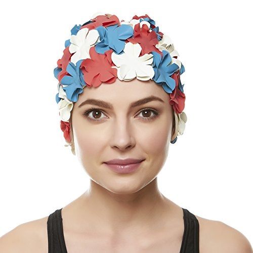 BEEMO Floral Petal Ladies Bathing Swim Cap - red/blu/White - Image 2