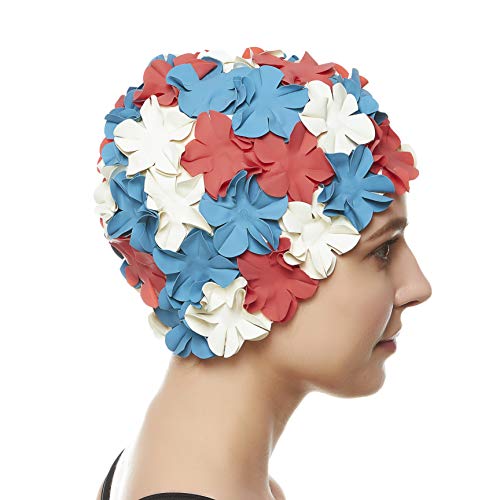 BEEMO Floral Petal Ladies Bathing Swim Cap - red/blu/White - Image 4