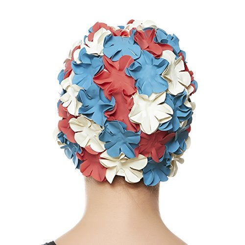 BEEMO Floral Petal Ladies Bathing Swim Cap - red/blu/White - Image 3