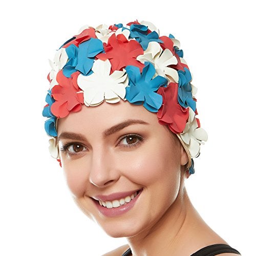 BEEMO Floral Petal Ladies Bathing Swim Cap - red/blu/White - Image 1