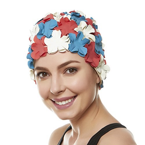 BEEMO Floral Petal Ladies Bathing Swim Cap - red/blu/White - Image 5