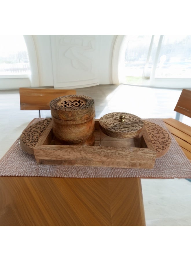 A natural wooden incense burner set, elegant and decorated with Arabic and Islamic engravings and motifs, consisting of (3 pieces), made in India  - Image 4