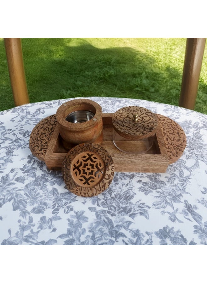 A natural wooden incense burner set, elegant and decorated with Arabic and Islamic engravings and motifs, consisting of (3 pieces), made in India  - Image 1