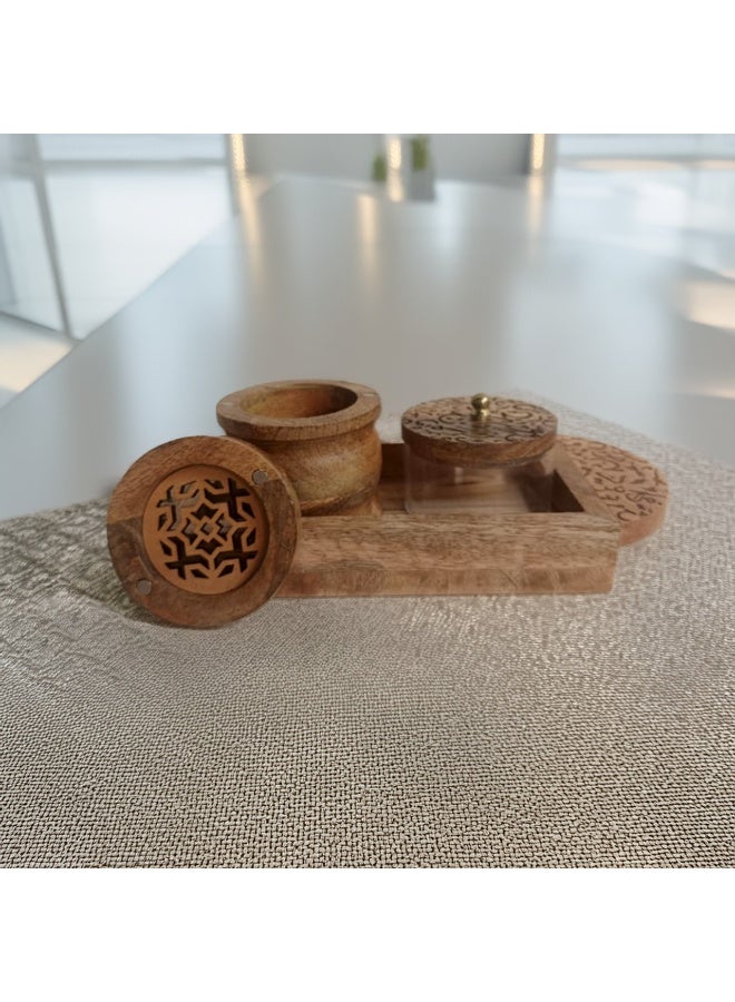 A natural wooden incense burner set, elegant and decorated with Arabic and Islamic engravings and motifs, consisting of (3 pieces), made in India  - Image 5