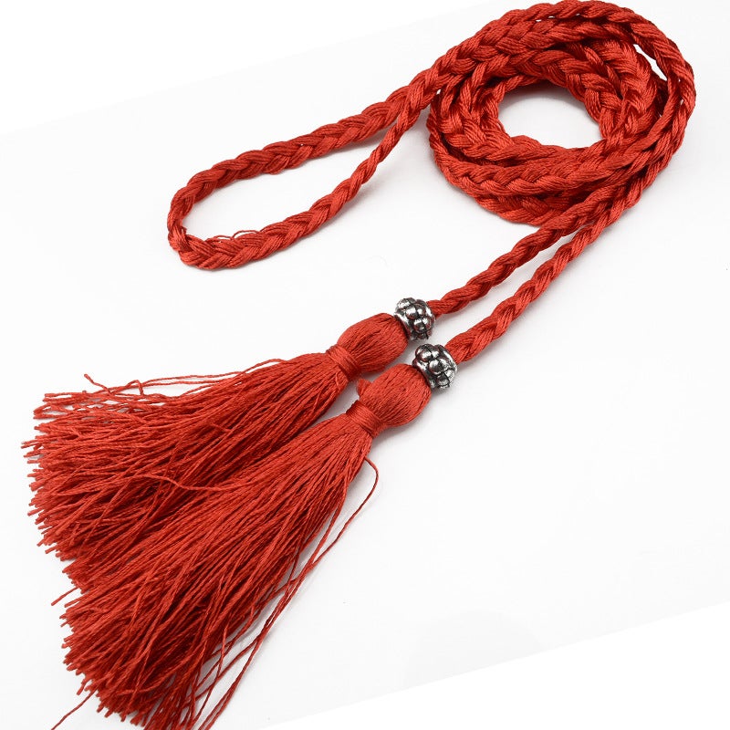 Braided Tassel Belt Ladies Skinny Butterfly Knot Red 