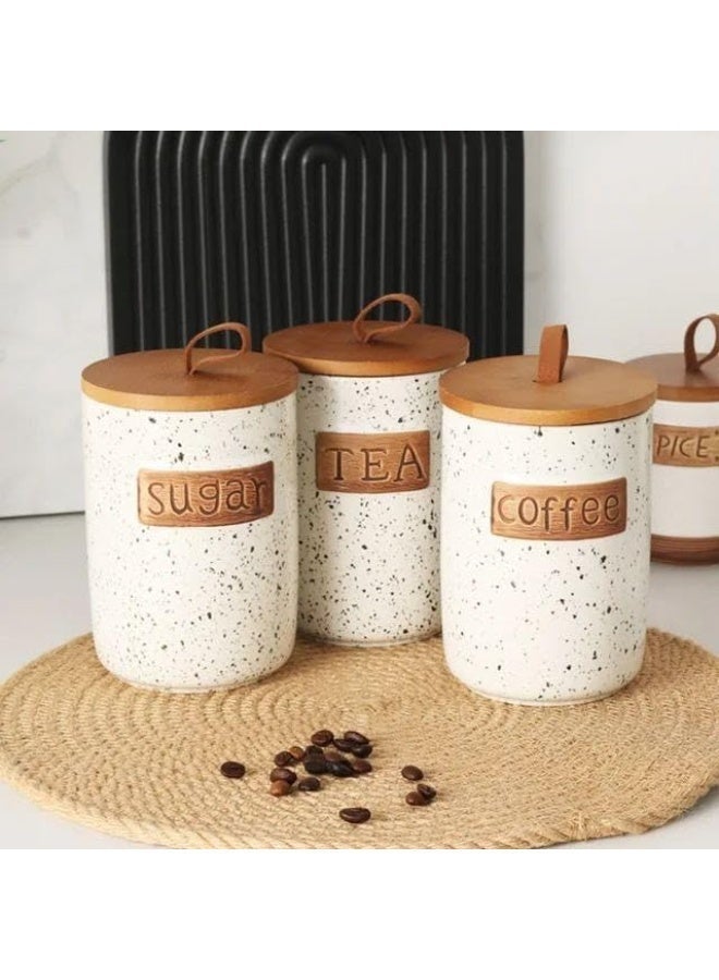 مجموعة أواني تخزين المطبخ الأنيقة، ٧ قطع مع حامل خشبي، أبيض وبني، للقهوة والشاي والسكر والتوابل، مع أغطية خشبية متعدد الالوان - Image 3