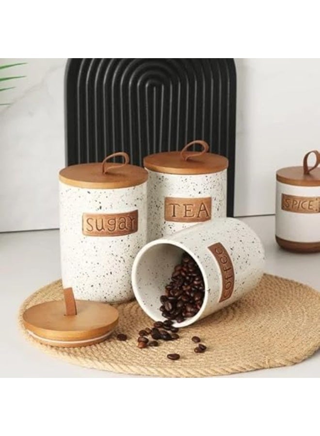 مجموعة أواني تخزين المطبخ الأنيقة، ٧ قطع مع حامل خشبي، أبيض وبني، للقهوة والشاي والسكر والتوابل، مع أغطية خشبية متعدد الالوان - Image 4