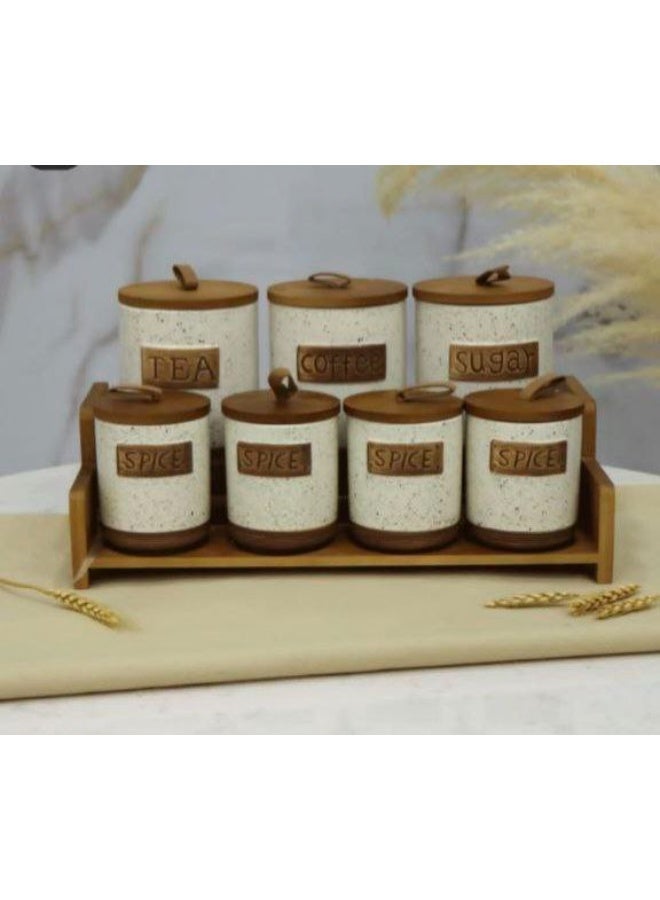 مجموعة أواني تخزين المطبخ الأنيقة، ٧ قطع مع حامل خشبي، أبيض وبني، للقهوة والشاي والسكر والتوابل، مع أغطية خشبية متعدد الالوان - Image 2