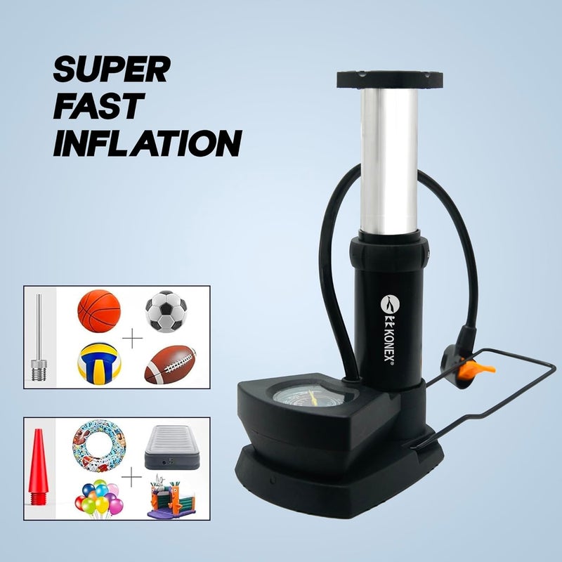 KONEX High-Pressure Foot Air Pump with Meter for Bicycle, Bike, Car Tires, Football, Basketball, and Other Inflatable Sports Equipment & Balls (Black) - Image 4