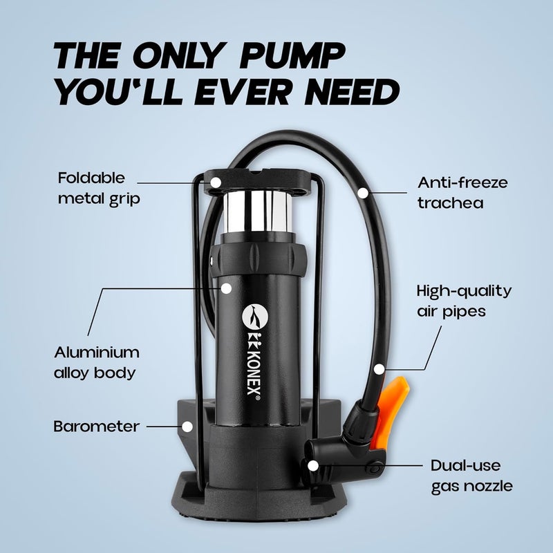 KONEX High-Pressure Foot Air Pump with Meter for Bicycle, Bike, Car Tires, Football, Basketball, and Other Inflatable Sports Equipment & Balls (Black) - Image 2