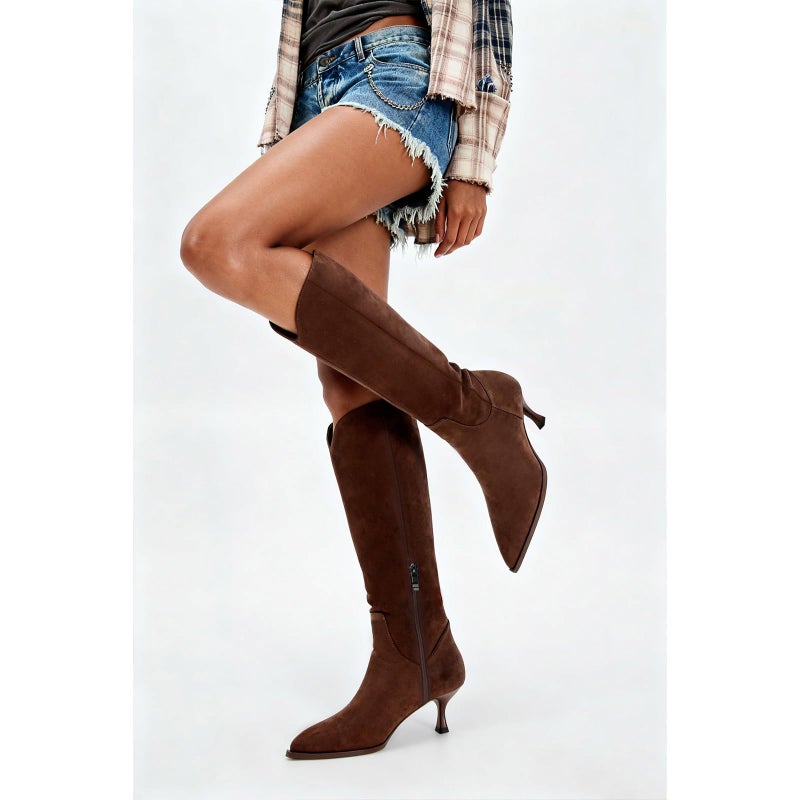 MICIFA Womens Knee High Boots Kitten Heel Pointed Toe Tall Wide Calf Boots With Side Zipper Fall Winter Shoes Chocolate - Image 2