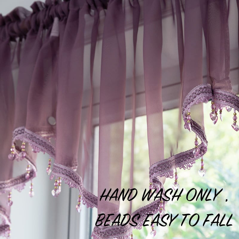 PearAge Beaded Sheer Valance Curtains for Living Room,Rod Pocket Farmhouse Window Valance, Bead Trim Tassel Voile Sheer Curtain Valance for Bedroom Bathroom Cafe 51x24 Inches (Dark Purple) 1PC - Image 5