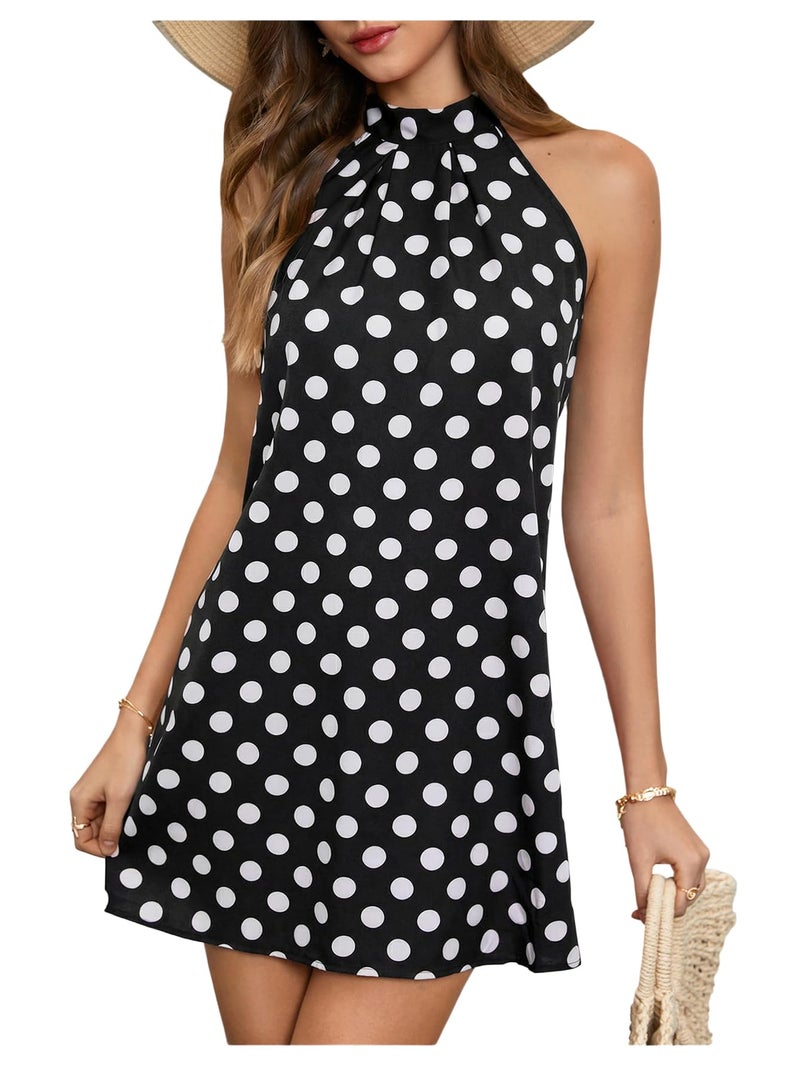 Floerns Women's Sleeveless Floral Print Sundress Halter Neck A Line Short Dress Black Polka Dots Medium - Image 1
