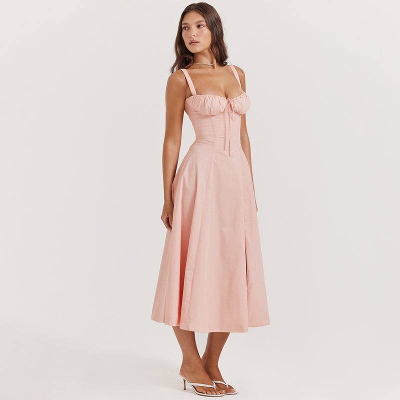 Summer French Style Slim A-Line Split Slip Dress Pink 