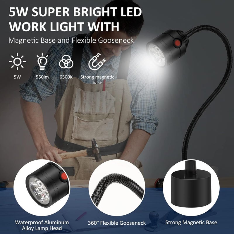 Deeffe Magnetic Work Light, LED Machine Light with Flexible Gooseneck and Magnetic Base, Shop Tool Lamp for Lathe, Work Bench, Sewing Machine, Grill, Industrial Lighting Black - Image 2