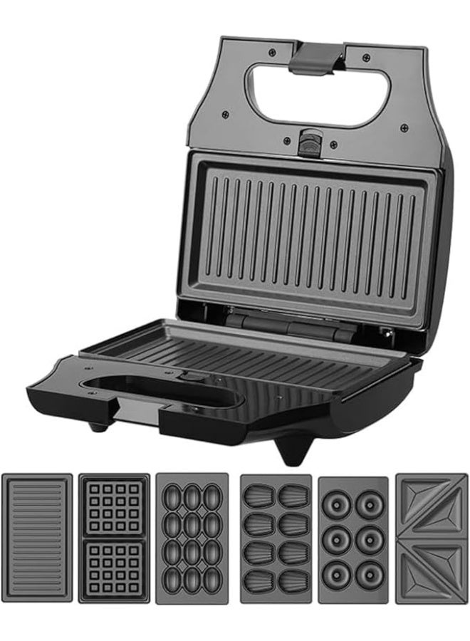 DSP KC1238 6-in-1 Sandwich Maker for Triangle, Striped, Waffle, Nut, Donut, and Candy Shells with Thermostat 800W Black x Silver - Image 1
