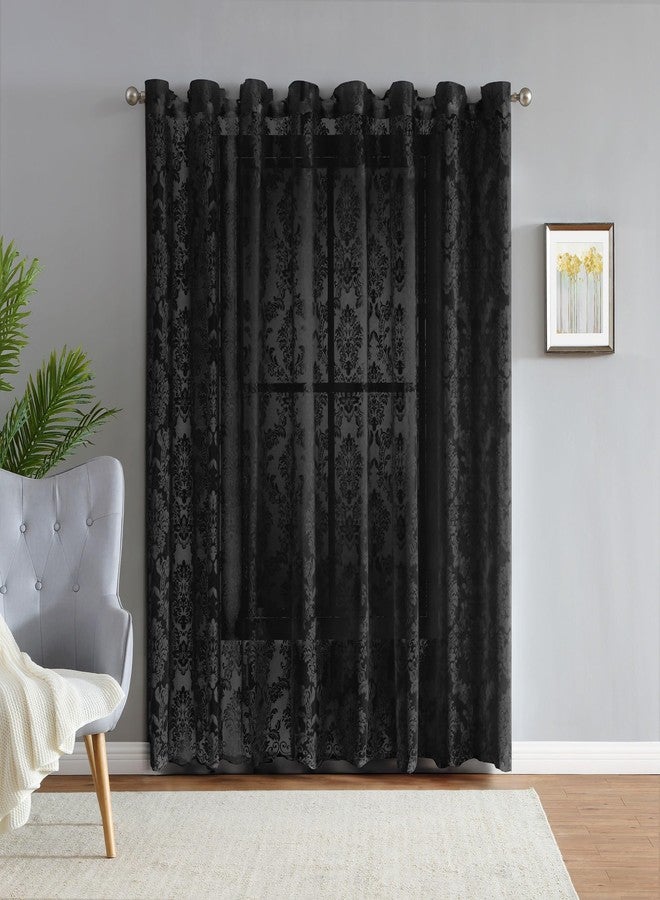 LinenZone Lace Patio Curtains with Damask Pattern. Extra Wide, Sliding Door Curtains for Large Windows, Patio Doors, Sliding Glass Doors. (Fiona, 102 x 84 Black)