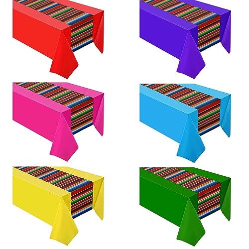 Oudain 6 Pcs Fiesta Tablecloth 108 x 54 Inch Plastic Tablecover Waterproof Mexican Tablecloth Mexican Striped Table Cover for Taco Night Festive Fiesta Wedding Bright Color