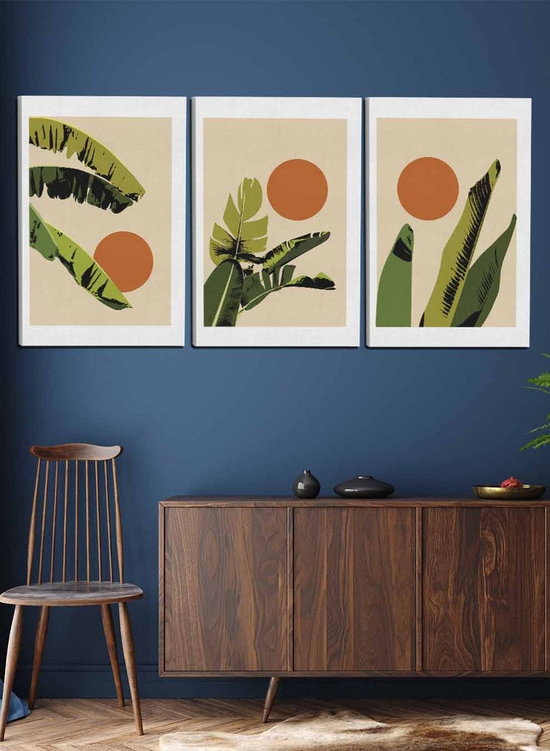 LOWHA Set Of 3 Framed Canvas Wall Arts Stretched Over Wooden Frame, Abstract Tropical Plant Paintings, For Home, Living Room, Office Decor - Image 2