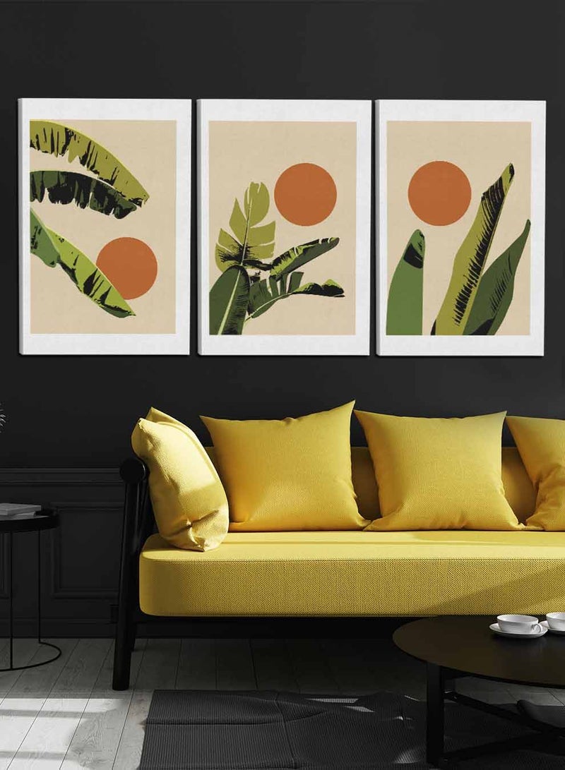 LOWHA Set Of 3 Framed Canvas Wall Arts Stretched Over Wooden Frame, Abstract Tropical Plant Paintings, For Home, Living Room, Office Decor - Image 1