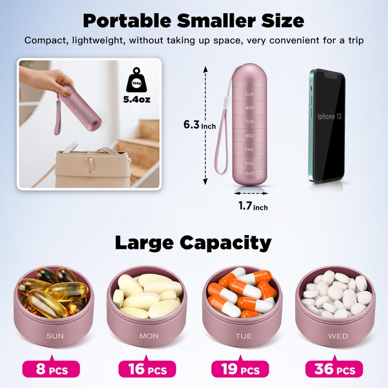 Zannaki Metal Moisture Proof Weekly Pill Organizer, Stackable Aluminum Alloy BPA Free Travel Hiking 7 Day Pill Box Case Waterproof and Large Compartment to Hold Pills, Vitamins, Fish Oil, Supplements - Image 2