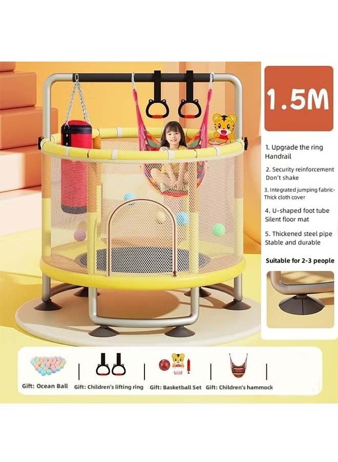 Beauenty 1.5m Childrens Trampoline Horizontal Bar Indoor Home Bouncing Bed With Net Circular Handrail Suspension Ring Ocean Ball Basketball Hoop Sandbag Swing Suction Cup - Image 5