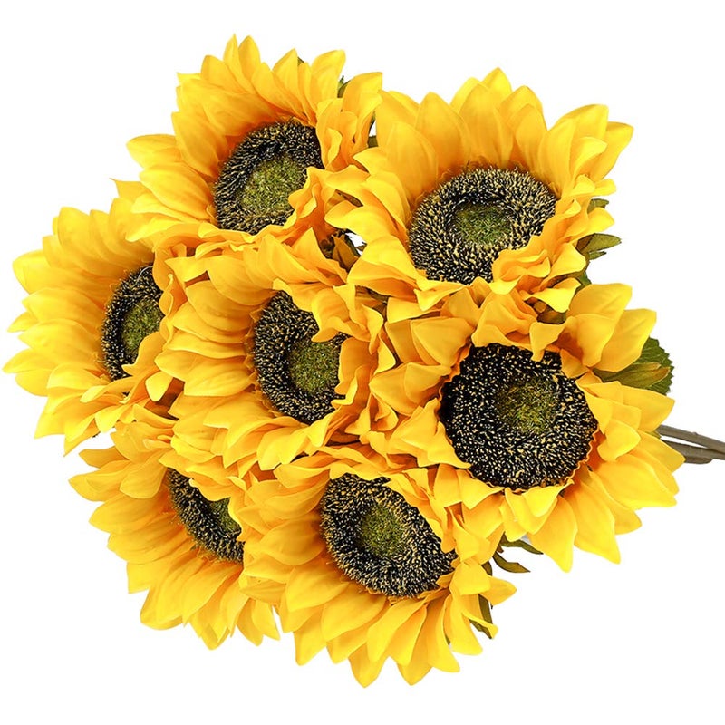 Laelfe 7PCS Artificial Sunflower Flowers Long Stem Silk Fake Sunflowers Decoration for Outdoor Home Wedding Birthday Party Single Bulk Yellow DecorDark Center