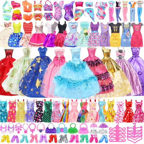 Ecore Fun 99 Pcs Doll Clothes Outfits and Accessories 5 Princess Wedding Gowns 12 Fashion Dresses 2 Leisure Outfits 2 Bikini Swimsuits 10 Shoes and 57 Accessories for 115 inch DollsGirl Gift - Image 1